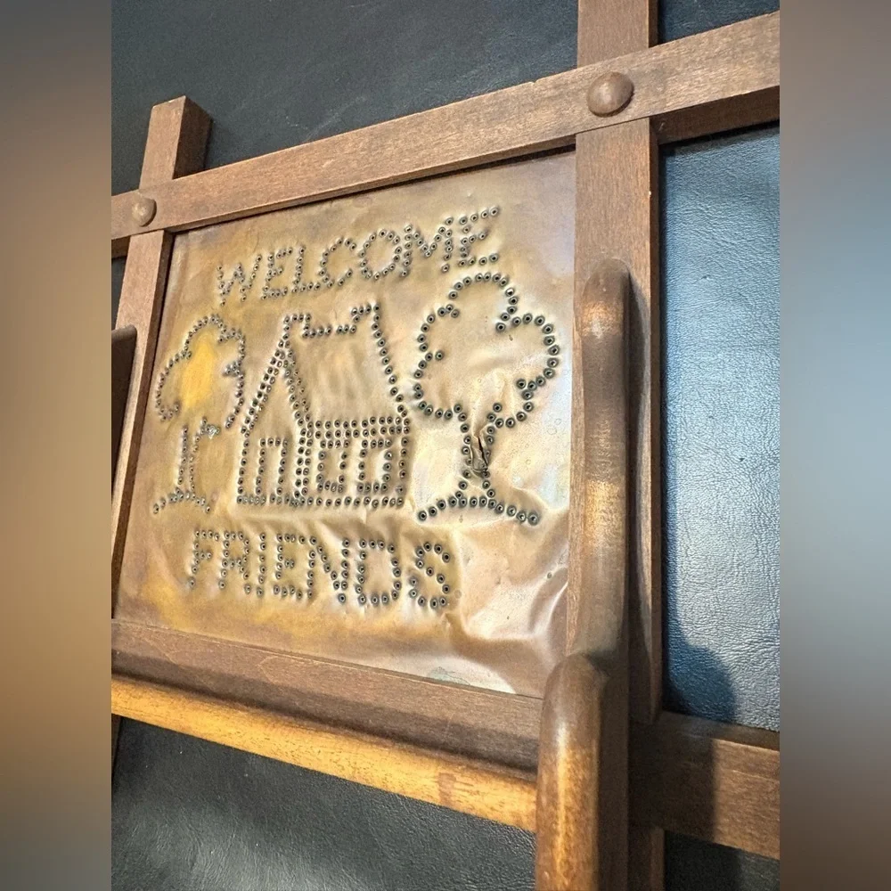 Handmade Welcome Friends Wood and Tin Kitchen Towel Holder - Brown